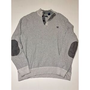 Chaps Sweater Pullover Mens Medium Gray Strupe Elbow Pads Knit Button‎ Up Ribbed